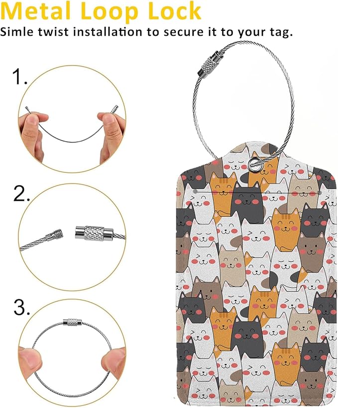 Stacked Cats Luggage Tags for Suitcases,2 Pack Luggage Tag, Leather Stainless Steel Loop Label Tag for Women Girl Travel Bag Suitcase