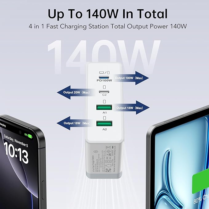 140W Mac Book Pro Charger,4 Port Flat Charging Station for Apple Type c Fast Wall Charger,USB C Port MacBook Pro &MacBook Air Adapter Plug Block for iPhone 16/15/14/13Pro Max, iPad, AirPods 4,Samsung