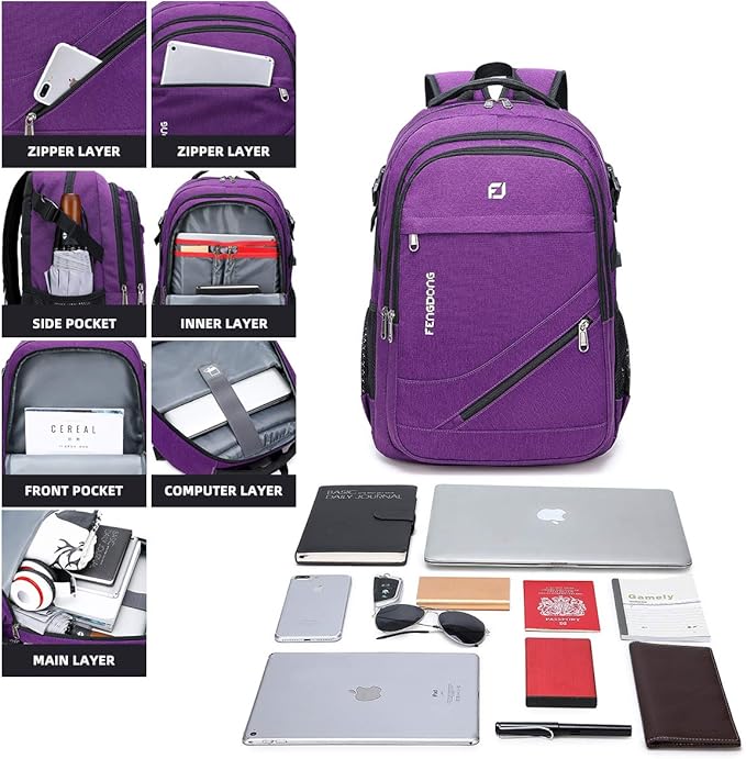 FENGDONG Durable Waterproof Travel Large Laptop Backpack 17.3 inch,College Backpack Bookbag for Men & Women Business Backpack with USB Charging Port and Headset Port Purple