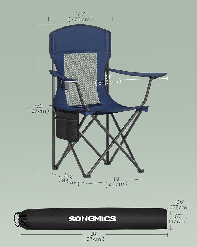 SONGMICS Breathable Camping Chairs, Foldable Outdoor Chairs Set of 2, High Back, Adjustable Armrests, Drink Holder, Weight Capacity 330 lb, for Sports Garden Backyard, Harbor Blue UGCB028Q01