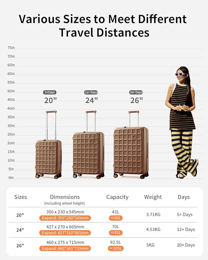 aji Expandable Top Opening 26 Inch Checked Luggage with Spinner Wheels, Large Suitcase with TSA Lock, Hard Shell Travel luggage Suitcases for Men Women, for 20+Days Travel, Chocolate Brown
