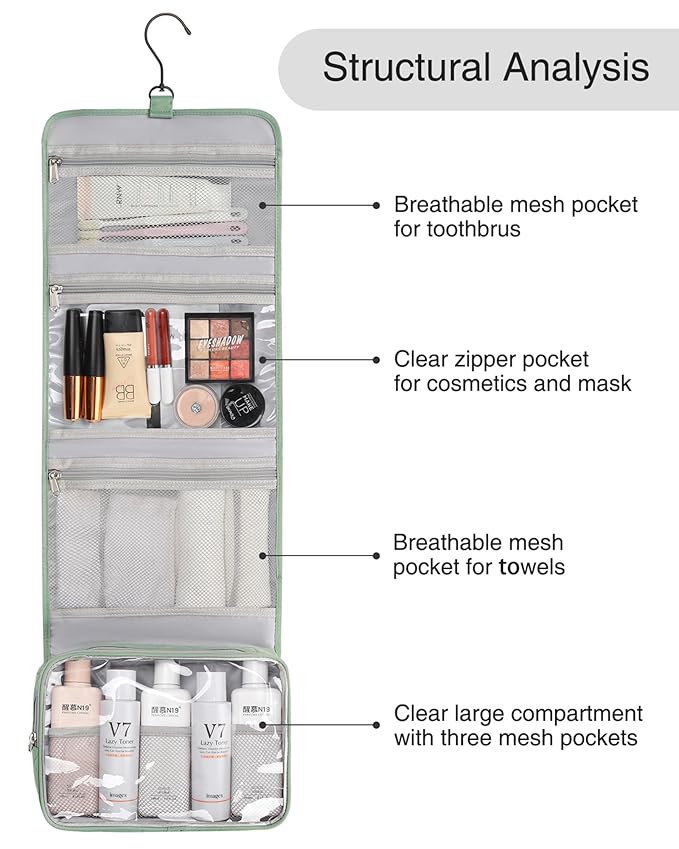 Relavel Travel Hanging Toiletry Bag for Men Women Travel Kit Shaving Bag Waterproof Large Makeup Bag Wash Bag Makeup Organizer Cosmetic Case for Bathroom Shower Green Pro