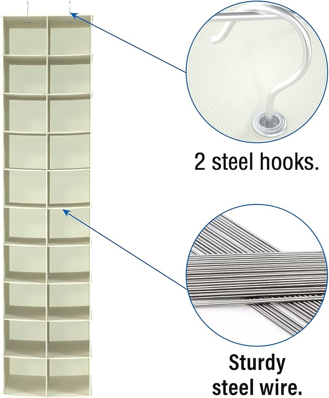 coastal rose Hanging Shoe Organizer for Closet, 20 Sections Hanging Closet Organizers and Storage Shelves, Space Saving Shoe Storage Rack Holder, Beige, 12''W×12''Dx 50''H