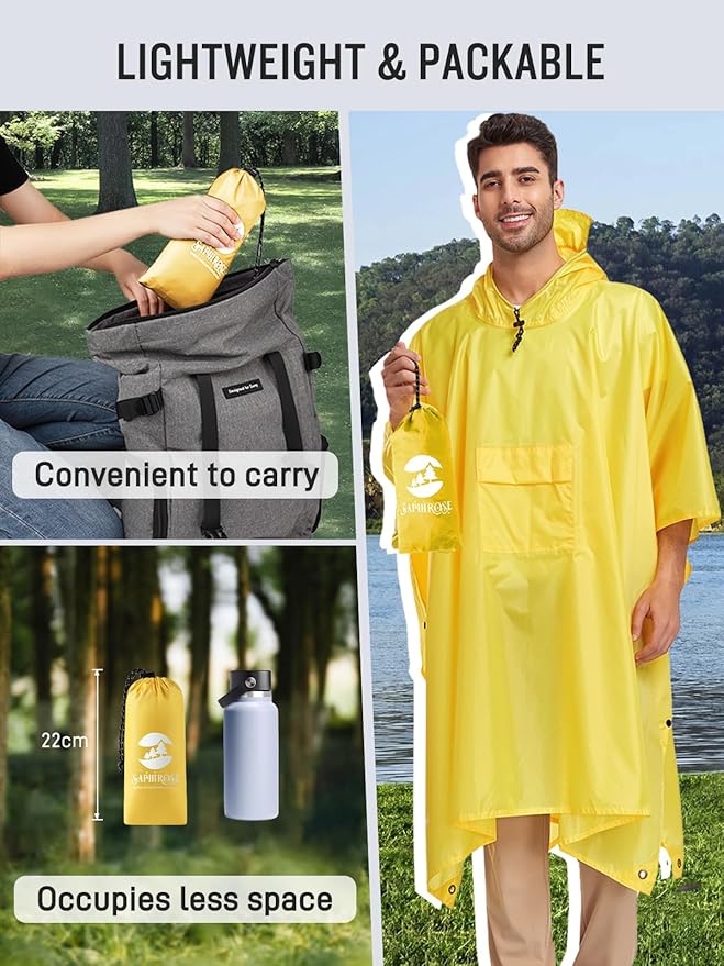 SaphiRose Extra Thick Hooded Rain Poncho Double Layer Waterproof Raincoat Jacket for Men Women Adults