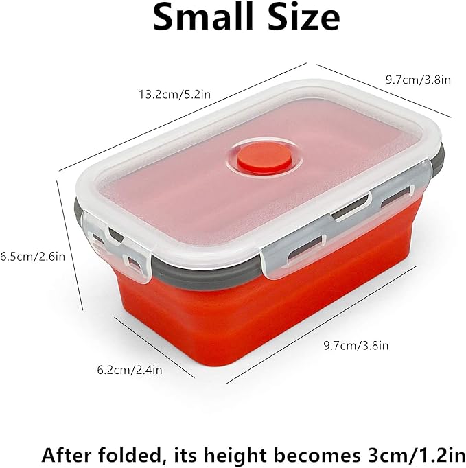 CCyanzi 3piece Collapsible Food Storage Containers with Lids, Silicone Lunch Container, Microwave & Freezer Safe, Space Saving for Kitchen Cabinet and Camping Backpack,(red gray)