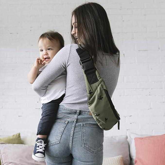 Baby Tula Lite Ripstop Nylon Compact Baby Carrier, Lightweight & Ergonomic Carrier for Travel w/Convenient Storage Hip Pouch, Multiple Carrying Positions for 12lbs to 30lbs - Soar (Olive Green/Birds)