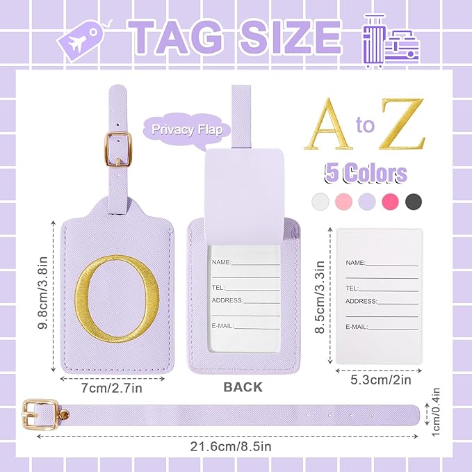 Personalized Initial Luggage Tags for Suitcase, Purple Leather Cute Luggage Tags with Privacy Cover Name Card, Embroidered Custom Monogrammed Luggage Tag Travel Backpack Tags Gifts for Women Kids(O)