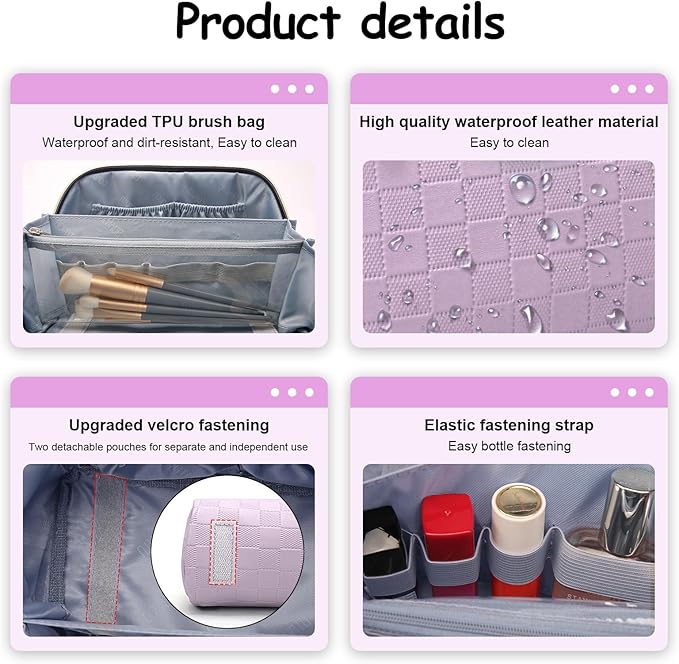 Travel Makeup Bag Organizer Cosmetic Bag: 3 Pcs Set Make up Bags for Women with Handle - Waterproof Vegan Leather Toiletry Bags with Comparments (C-01-Purple)