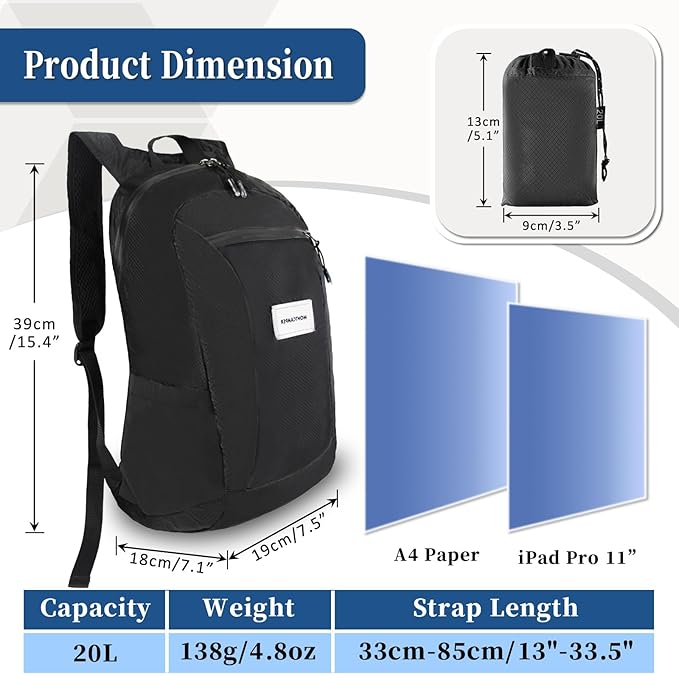 Hiking Daypack - Lightweight & Water-Resistant Portable Backpack for Travel, Camping, Outdoor Adventures(20L, black)