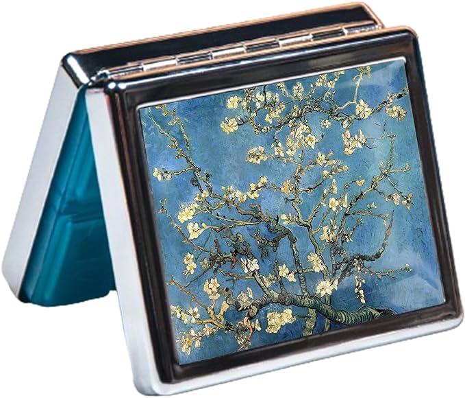 Silver Vintage Pill Box 7 Day Metal Pill Box with Mirror and 8 Compartments Cute Travel Pill Organizer for Purse (Art Almond Blossoms)