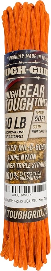 TOUGH-GRID 750 Paracord Rope Nylon Parachute Cord, Made in USA Survival Kit, Outdoor Adventures, Camping, Tactical Gear & Emergency Supplies, Military Type IV Mil-Spec