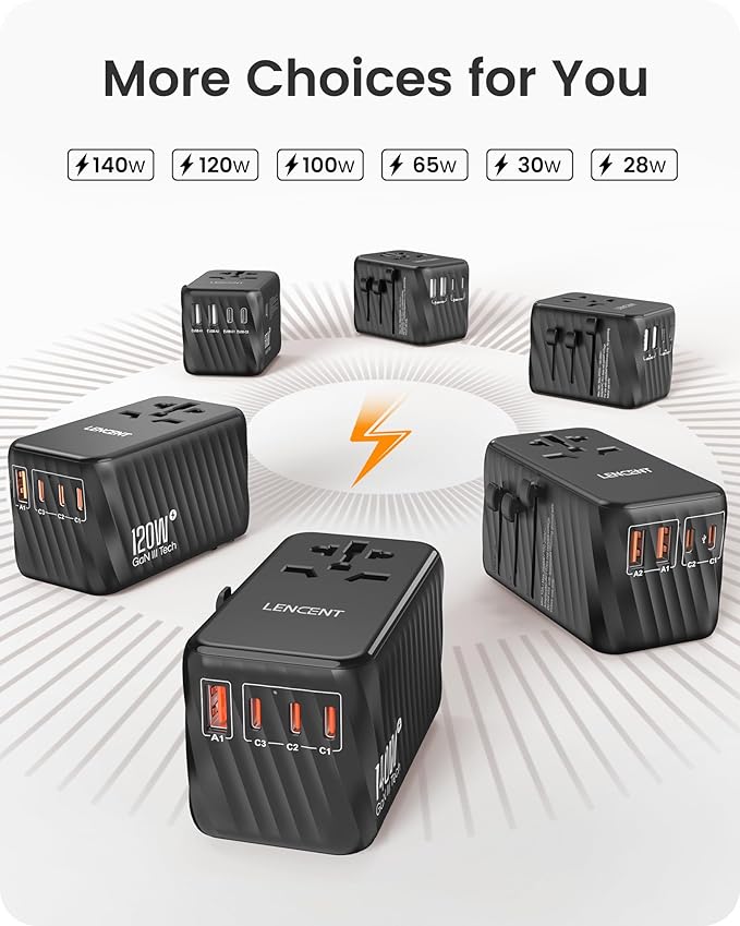 LENCENT 140W Universal Travel Adapter, International Plug Adaptor, GaN Fast Charger with 3 Type C+1 USB A, All in One Travel Essentials, Worldwide Outlet Converter for US to European EU UK AUS, Black