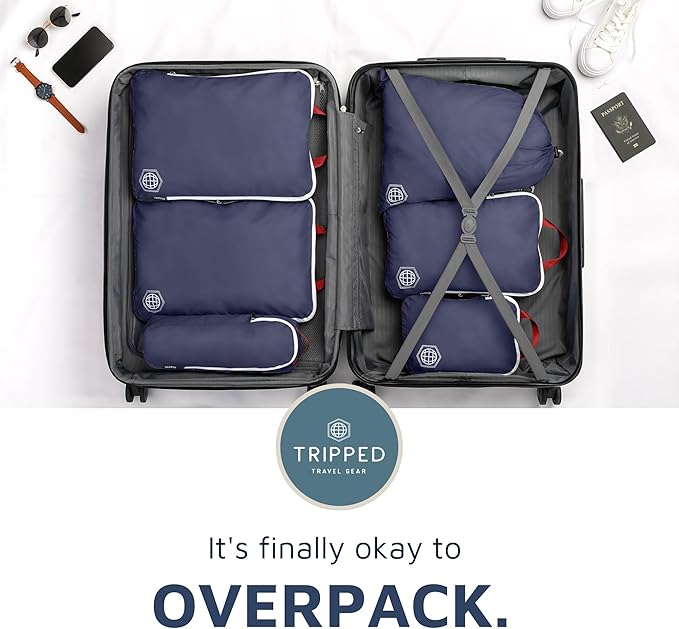 Large Compression Packing Cubes 6 Piece Set for Travel with Lightweight Laundry Bag for Carry-On Suitcase by TRIPPED Travel Gear (Navy)