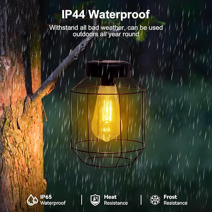 Solar Lights Outdoor Waterproof,Solar Lantern 2 Pack,Metal Hanging Outdoor Lanterns,Handle with Edison Bulb Solar Powered Lights for Yard Garden Patio Porch Pathway Decor
