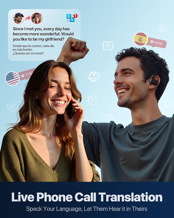 GO1 Real-time Phone Call Translaton Earbuds, 3-in-1 AI Translator Earbuds with Adjustable Earhook Open-Ear Translating Ear Bud Supports 150+ Languages for Video Calls, Business Visits