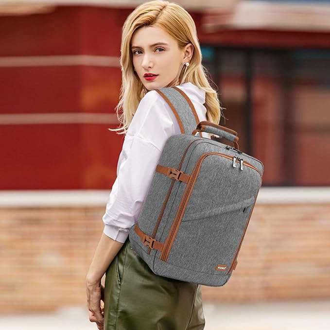 Kono Carry on Backpack, 16" Airplane Approved Under Seat Travel Backpack for Men and Women, Waterproof Lightweight Daypack for Flight 20L (Grey/Brown, Small)