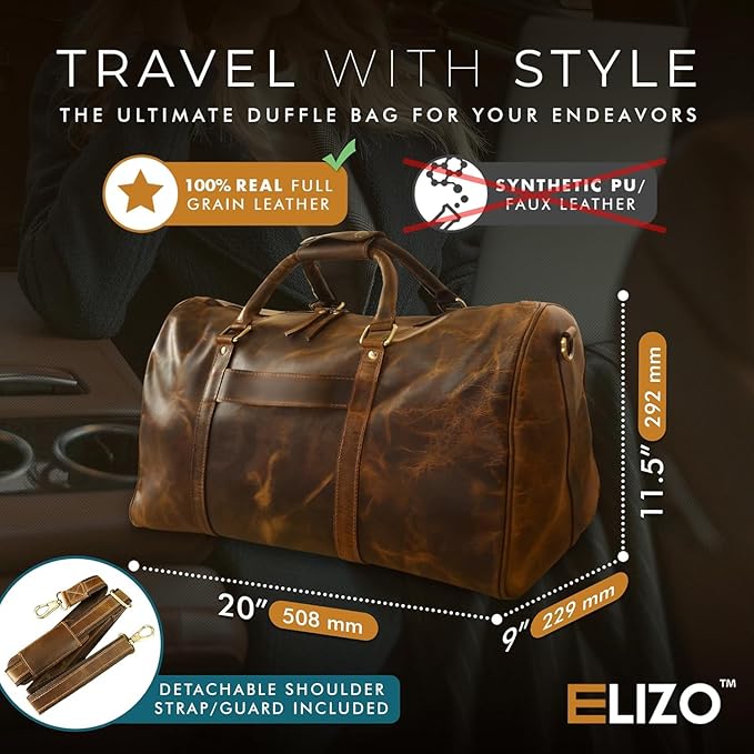 ELIZO Leather Duffle Bag For Men Women REAL FULL GRAIN Travel Overnight Weekender Carry On Luggage Sports Gym Bags (Antique 20 Inch) Origin