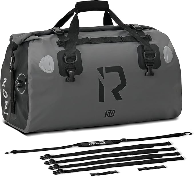 IRON JIA'S Motorcycle Dry Bag - Waterproof Duffle & Luggage Tail Bag Saddle Bags with Roll Top Closure, Shoulder Straps, Inner Pocket and Mesh Pocket (Grey, 50L)
