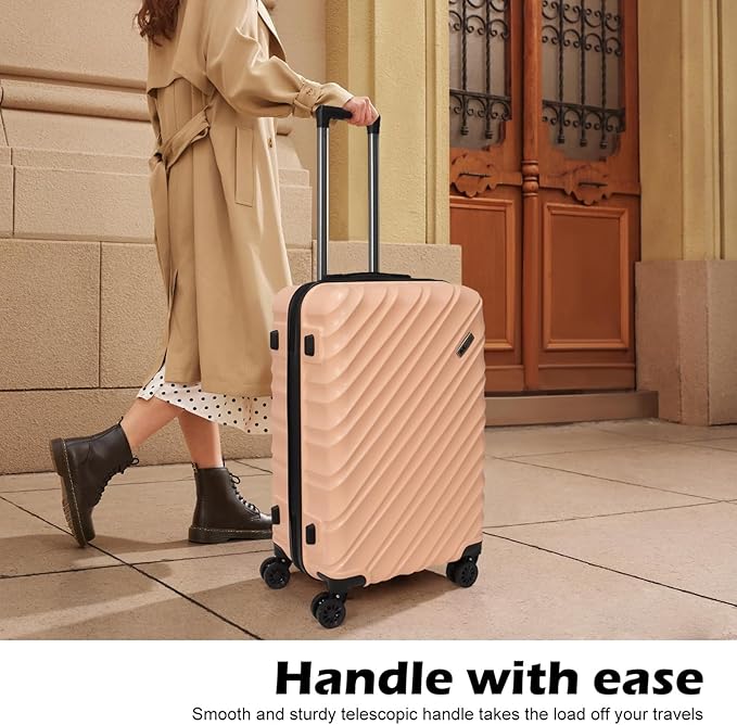 Hardshell Luggage Sets 3 Piece ABS+PC Travel Suitcase Hard Sided Luggage with Spinner Wheels Checked Luggage Durable Lightweight Hard Case Luggage (Light Pink)