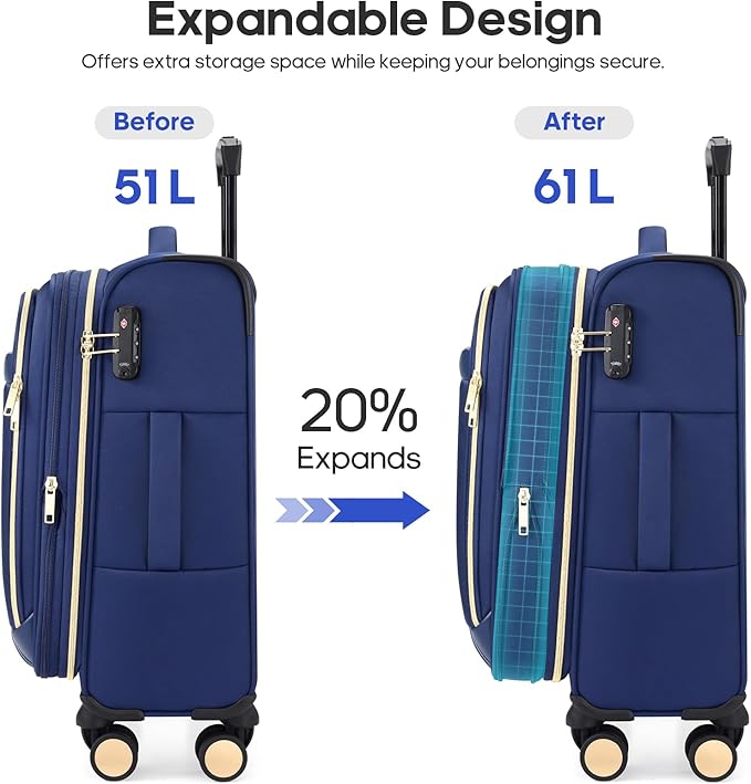 Softside Carry On Luggage 20 Inch Expandable Carry On Luggage 22x14x9 Airline Approved with Spinner Wheels & TSA Lock, Waterproof Large Capacity Suitcase Travel Bag for Men and Women