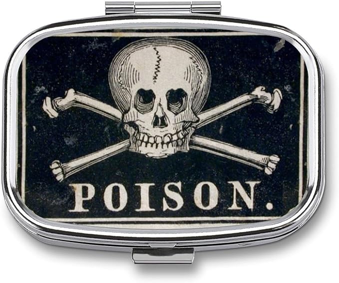 Metal 2 Compartment Pill Organizer Travel Friendly Portable Compact Pill Box Cute Pill Case to Hold Vitamins,Fish Oil,Supplements,Meds,Tablet for Purse,Pocket. (A Skeleton with a Black Background)