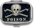 Metal 2 Compartment Pill Organizer Travel Friendly Portable Compact Pill Box Cute Pill Case to Hold Vitamins,Fish Oil,Supplements,Meds,Tablet for Purse,Pocket. (A Skeleton with a Black Background)