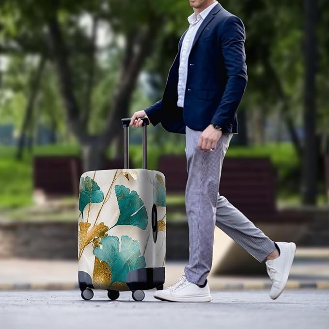 Gold Ginkgo Biloba Leaf Travel Luggage Cover Elastic Baggage Protector for Women Girls,Fits 26-29 Inch Washable Suitcase Covers