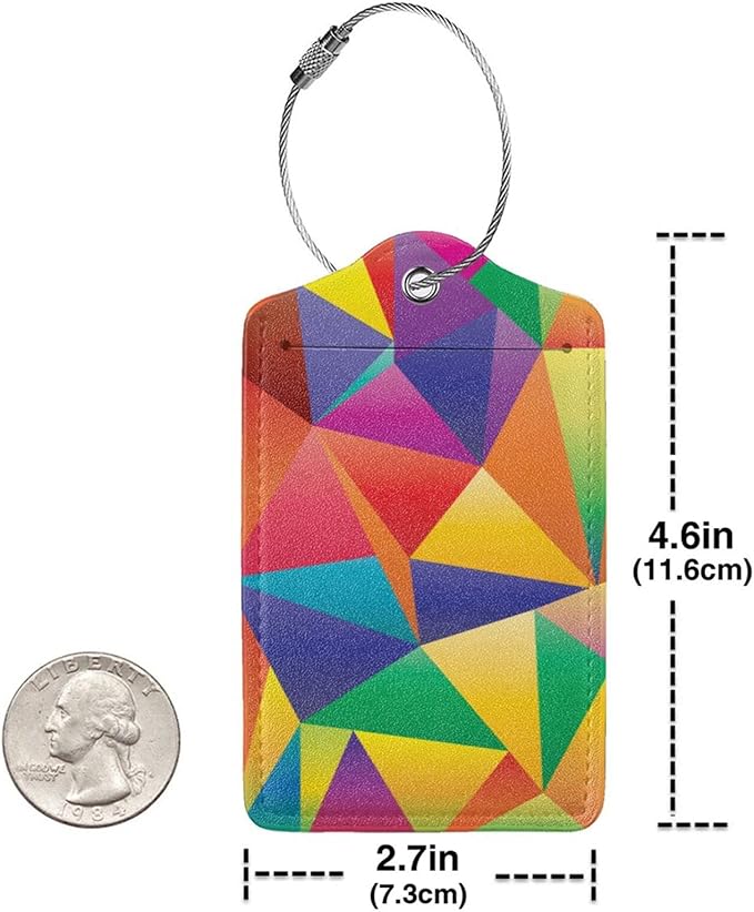2 Pcs Luggage Tags for Suitcases Unique, Bright Rainbow Leather Baggage Tag with Colorful Geometric Pattern, Identifiers Tags with Privacy Name Address Labels & Durable Steel Loop for Women Men Travel