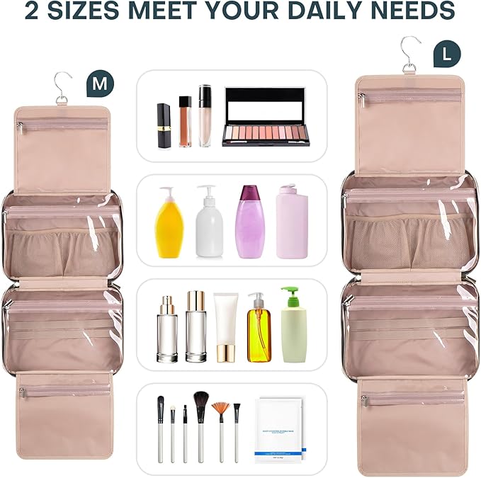 Hanging Toiletry Bag for Women Travel, 2 Sizes Large & Small Waterproof Cosmetic Organizer with 4 Compartments, Rotating Hook, Foldable Pink Travel Bag for Toiletries & Makeup, Large Lake Blue