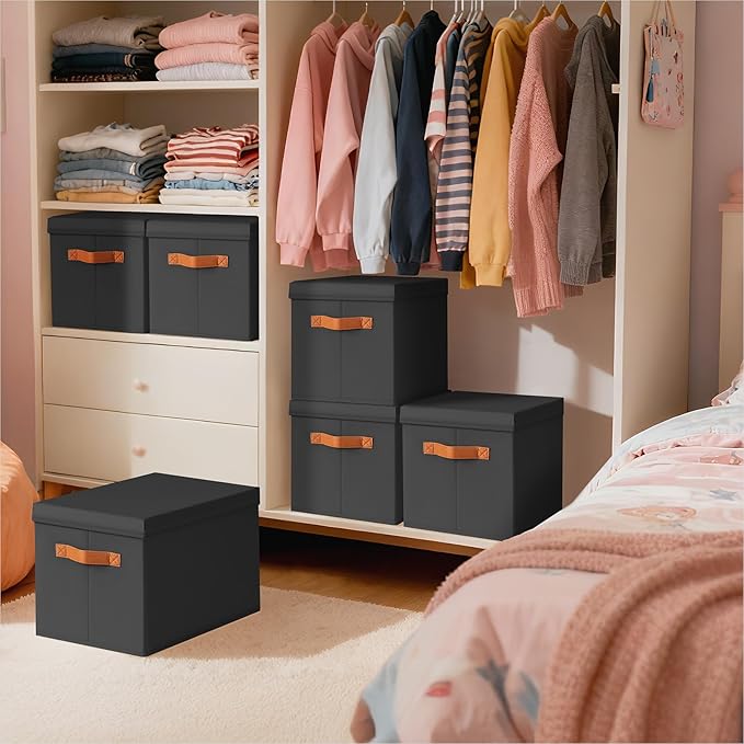 Storage Bins with Lids - Large Fabric Closet Bins with Lid, 6 Pack Clothes Organizers and Storage, Collapsible Stackable Cube Basket for Home, Office, Dorm, Black
