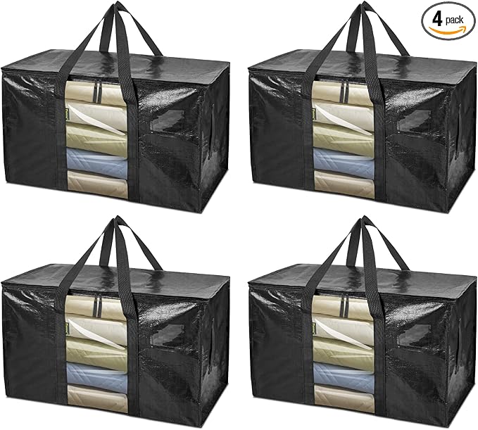 BALEINE 4-Pack Oversized Moving Bags with Reinforced Handles, Heavy-Duty Storage Tote Moving Supplies for Packaging, Camping (Black w/Window, 4-Pack)