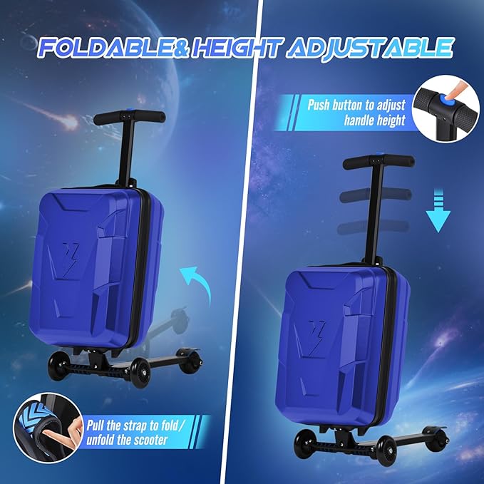 smilesun Scooter Suitcase for Kids & Adults, Foldable Carry On Travel Luggage, Hardside Ride on Scooter Suitcase with LED Light up Wheels，Blue