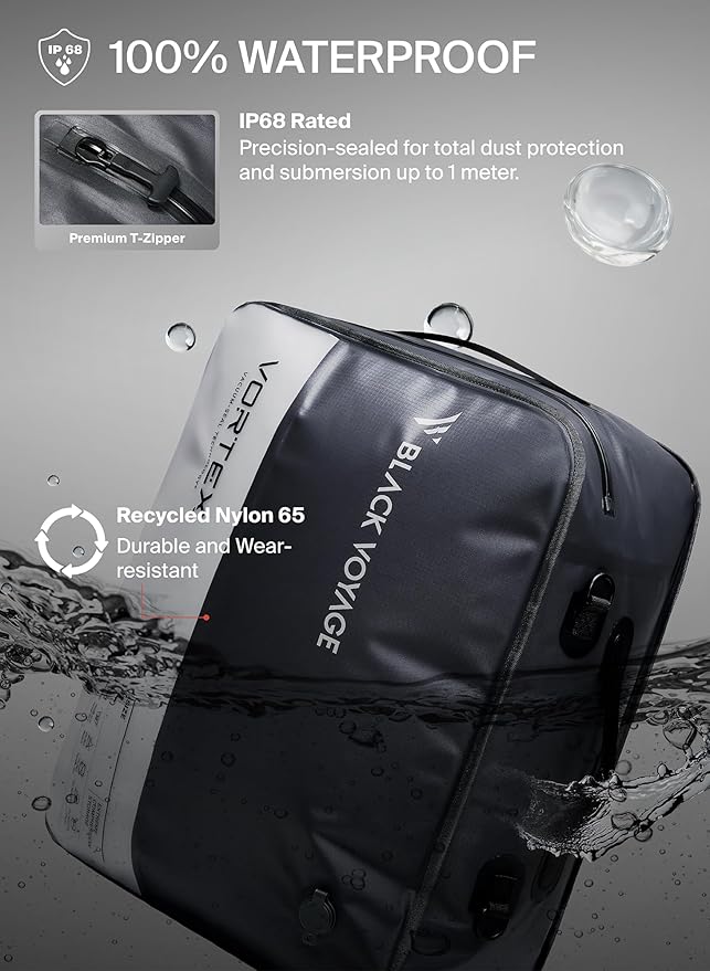 Black Voyage Reusable Vacuum Compression Travel Bag for Carry-On Suitcase and Backpack, Recycled IP67 Waterproof Space Saver Vacpack (2-Pack, 41L - No Pump)
