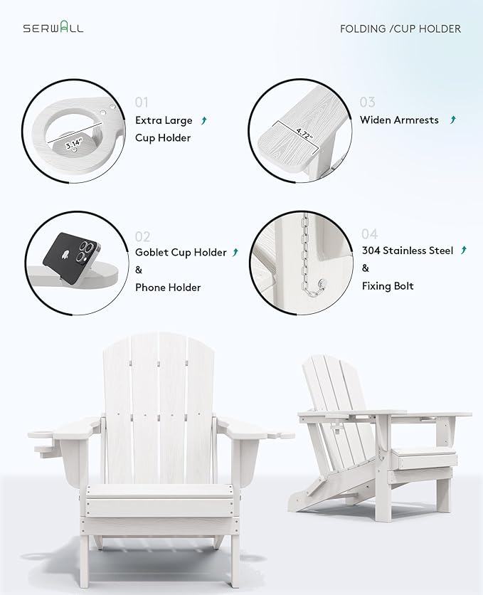 SERWALL Adirondack Chair with Cup Holders - Composite Adirondack Chairs Set of 6 HDPE Outdoor Chairs All Weather Use- White