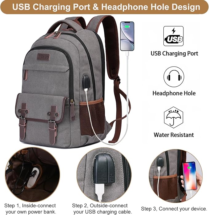 Mactso Canvas Travel Laptop Backpack for Men Women, Business Work Rucksack College Computer Bag Fits 17.3 Inch Notebook,Bookbag with USB Charging Port (Grey, 17.3 Inch)