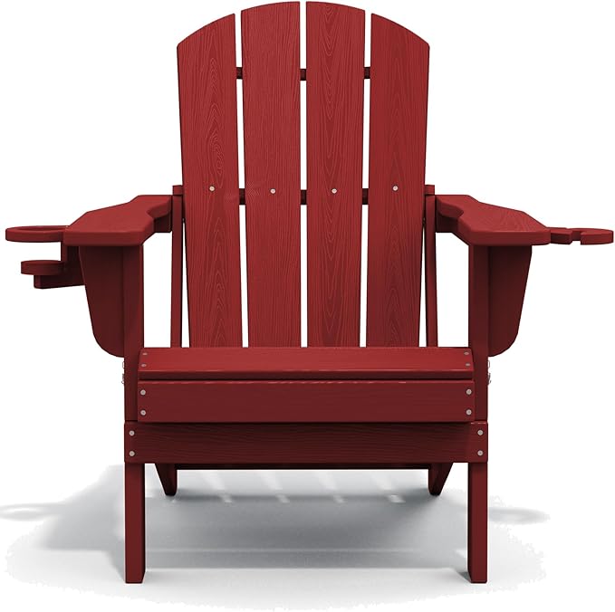 SERWALL Adirondack Chair with Cup Holders - Composite Adirondack Chairs Set of 2 HDPE Outdoor Chairs All Weather Use- Dark Red