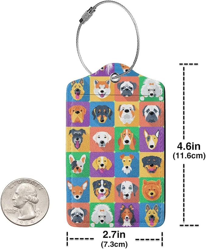 2 Pack Luggage Tags for suitcases Funny Cute Color Dog Luggage Tag, Leather Stainless Steel Loop Label Tag for Men Women Travel Bag Suitcase(Dog)