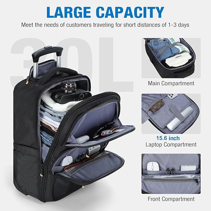 Rolling Backpack, 15.6 inch Laptop Backpack with Wheels, Flight Approved Water Resistant Underseat Carry on Lugagge Wheeled Bag for Men Women Adults, Black
