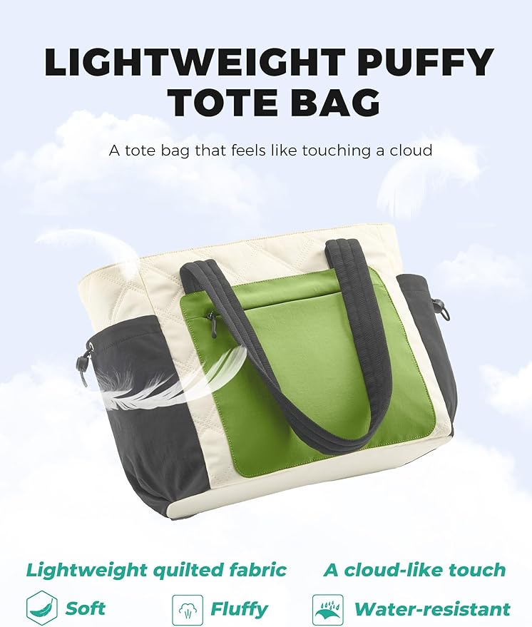 Tote Bag for Women, Lightweight Puffer bag with Zipper & Compartments, Quilted Shoulder Bag for Work, Travel,Gym