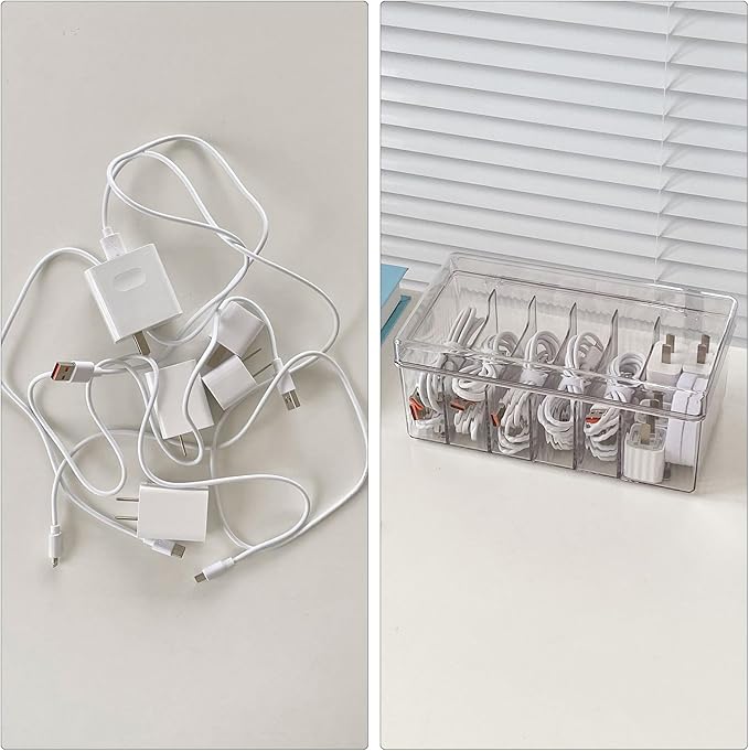 Yesesion Large Cord Organizer Box with Lid and 6 Compartments, 2 Pack Plastic Cable Storage Boxes with Wire Ties, Clear Desk Drawer Organizer for Phone Charger, Battery, Home Office Supplies