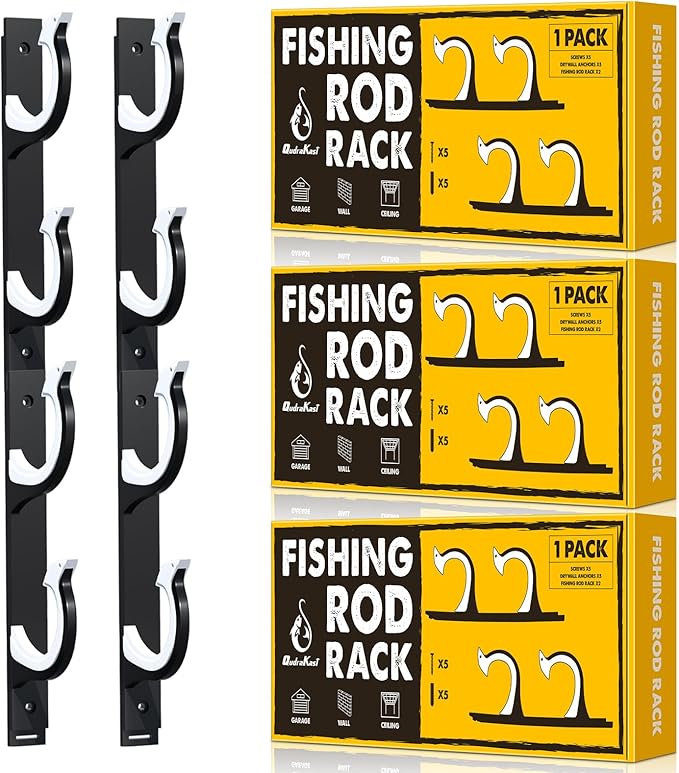 QudraKast Horizontal Fishing Rod Holder for Garage Wall Ceiling Mount - Fishing Pole Holders Fishing Rod Rack Holds Up to 6 Rods or Combos, Ideal Fishing Gift (3Pack)