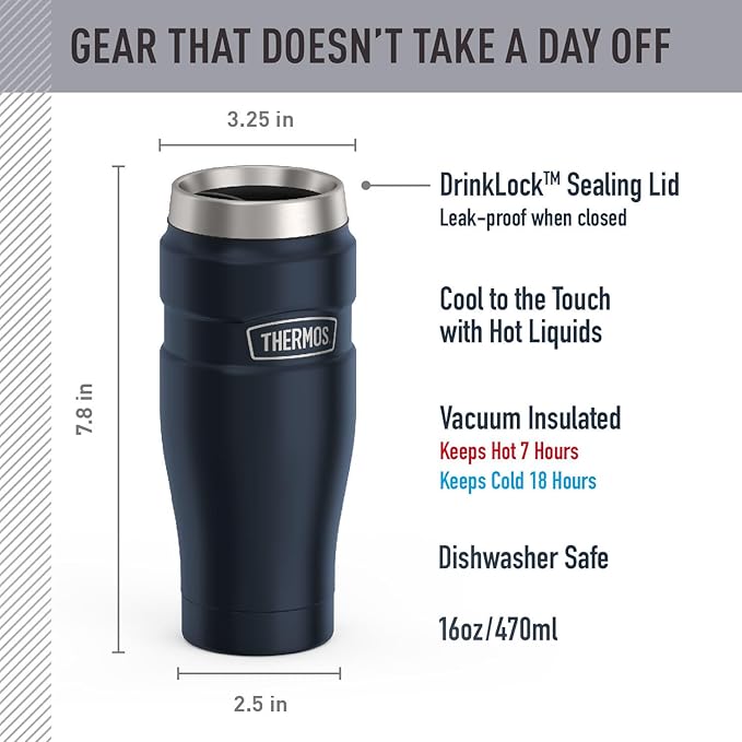 THERMOS Stainless King Vacuum-Insulated Travel Tumbler, 16 Ounce, Midnight Blue