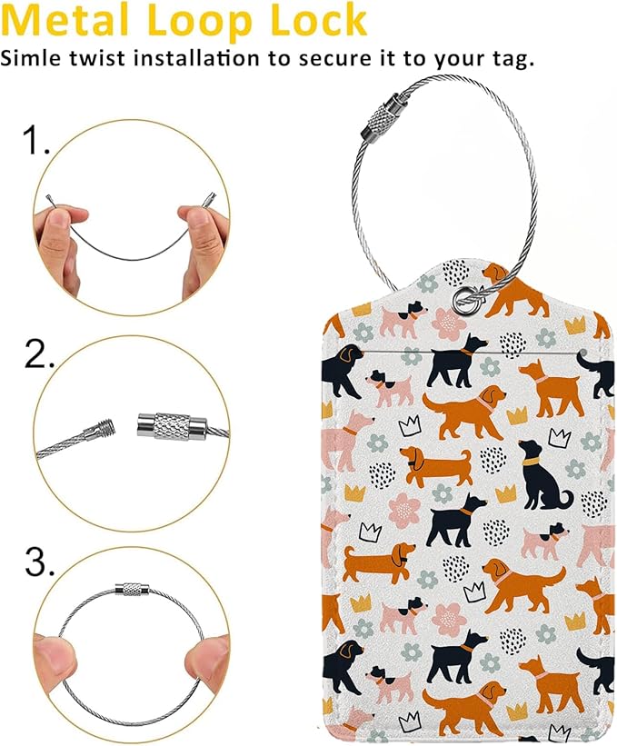 Cartoon Dogs Luggage Tags for Suitcases,2 Pack Luggage Tag, Leather Stainless Steel Loop Label Tag for Women Girl Travel Bag Suitcase