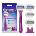 Flamingo Moisture Plus Women's Razor Set - Razor Handle, 4 Blade Refills, Shower Holder - Fig
