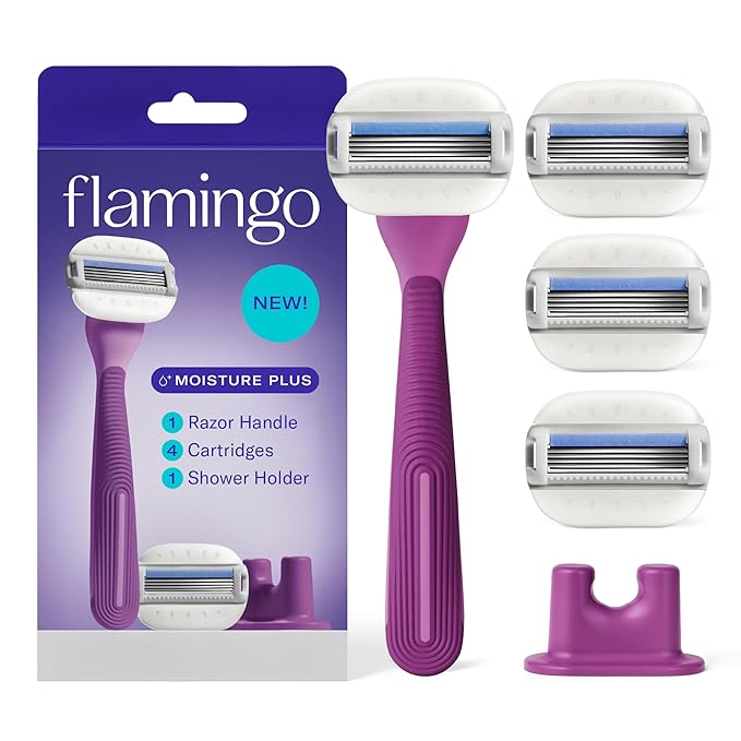 Flamingo Moisture Plus Women's Razor Set - Razor Handle, 4 Blade Refills, Shower Holder - Fig