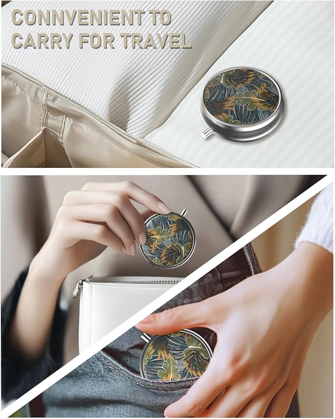 Pill Box, 3 Compartment Portable Travel Medicine Box with Mirror, Compact and Cute, Fits in Purse and Pocket, Medicine and Vitamin Organizer (Green Leaves)