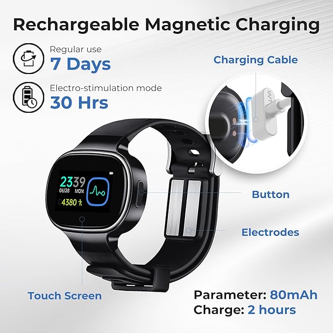EmeTerm Smart FDA-Cleared Anti-Nausea Wristwatch Touchscreen IP67 Waterproof Morning Motion Sickness Relief Rechargeable Fast Acting Drug Free (Black - Extra 2pack Conductive Gel)