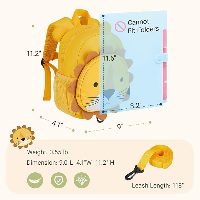 mommore Toddler Backpack for Boys Girls 2-4, 3D Cartoon Mini Kids Travel Bag, Small Baby Backpack with Toddler Leash, Chest Buckle, Water-Resistant Pre-K Schoolbag, Lion