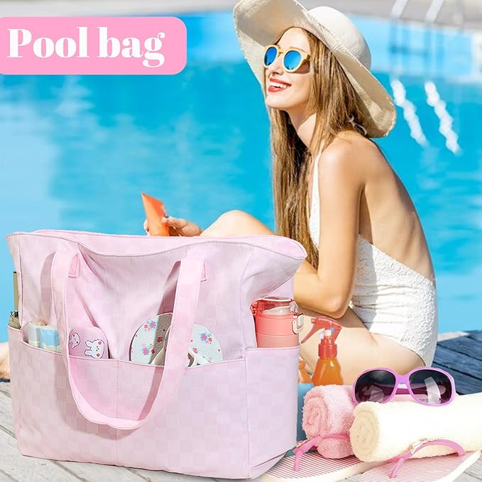 LEDAOU Beach Bag Waterproof Sandproof Women Tote Bag Pool Bag with Zipper for Gym Grocery Travel with Wet Pocket
