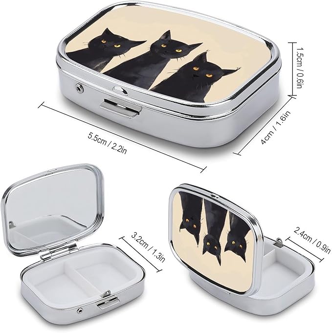 Metal 2 Compartment Pill Organizer Travel Friendly Portable Compact Pill Box Cute Pill Case to Hold Vitamins,Fish Oil,Supplements,Meds,Tablet for Purse,Pocket. (Three Cats)